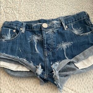 Denim Palm Tree Print Women's Shorts